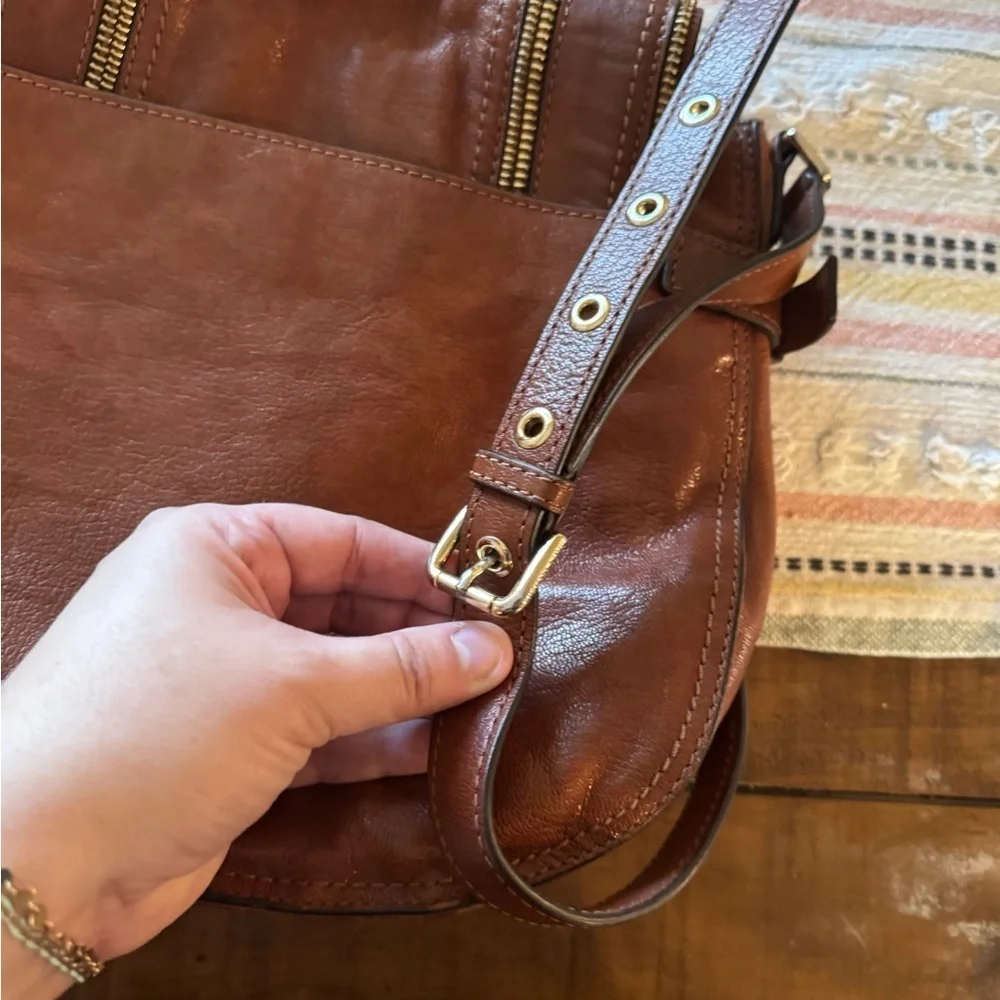 Michael Kors Naomi Brown Glazed Leather Gold Zipper Trim Crossbody Bag Shoulder